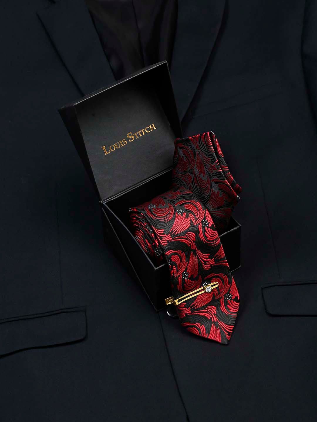 LOUIS STITCH Men Ruby Red Italian Silk Necktie Accessory Gift Set - view 1