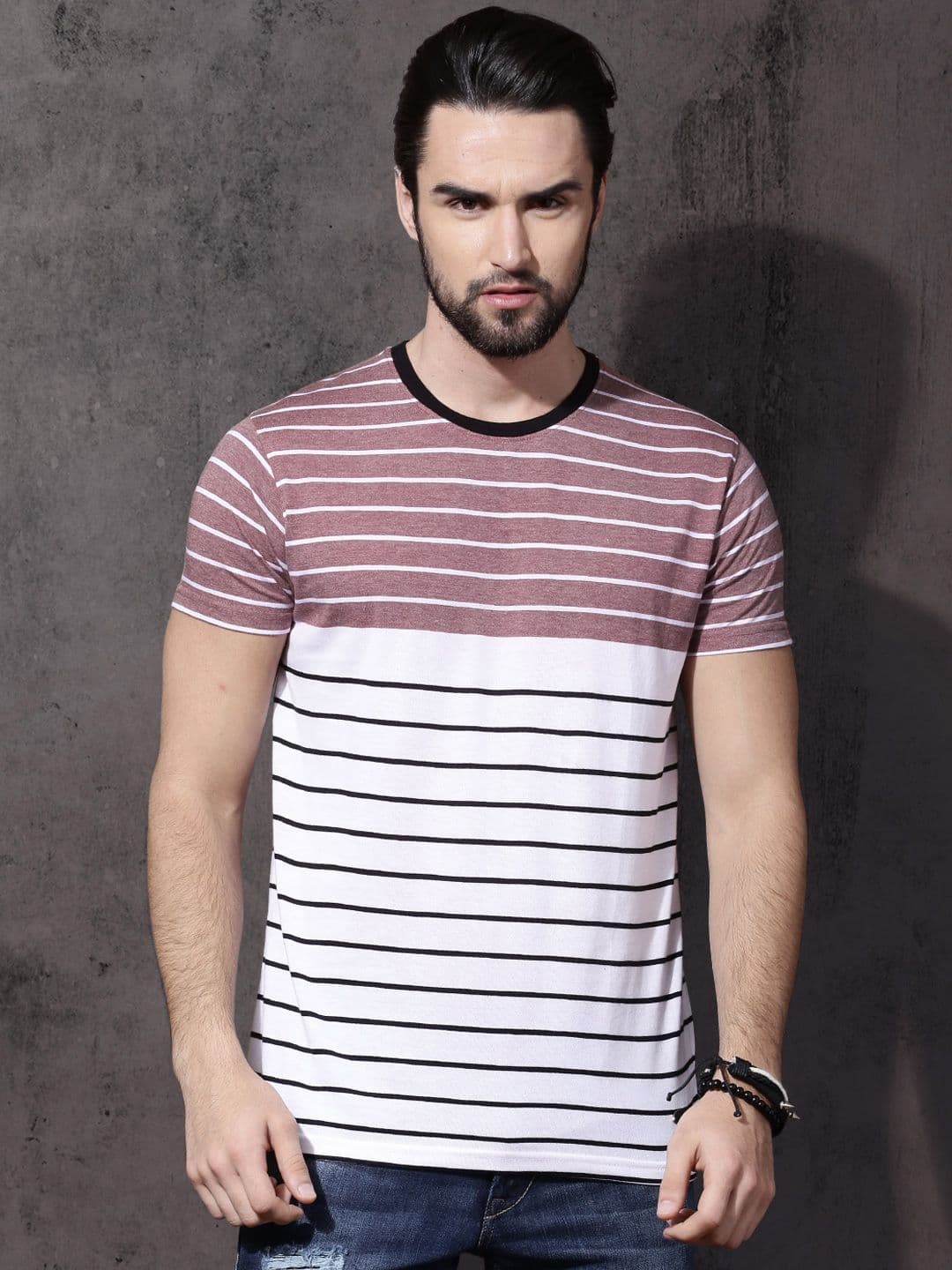 Roadster Men White & Maroon Striped Round Neck T-shirt - view 1