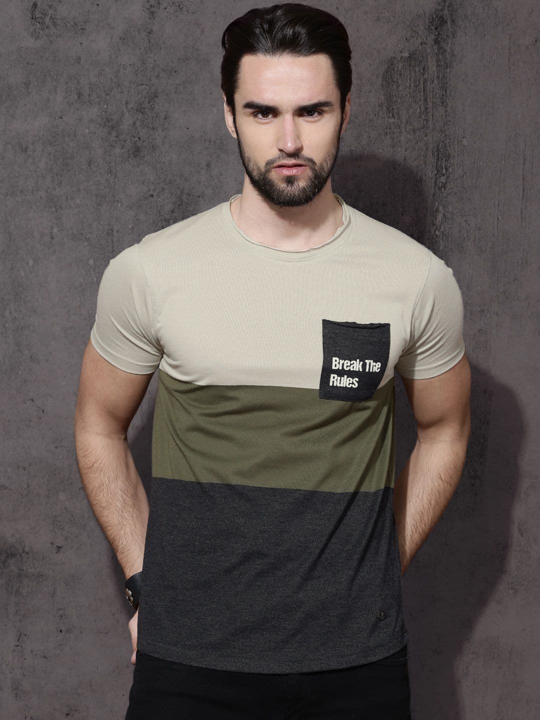 Roadster Men Beige Colourblocked Raw Edge T-shirt - view 1