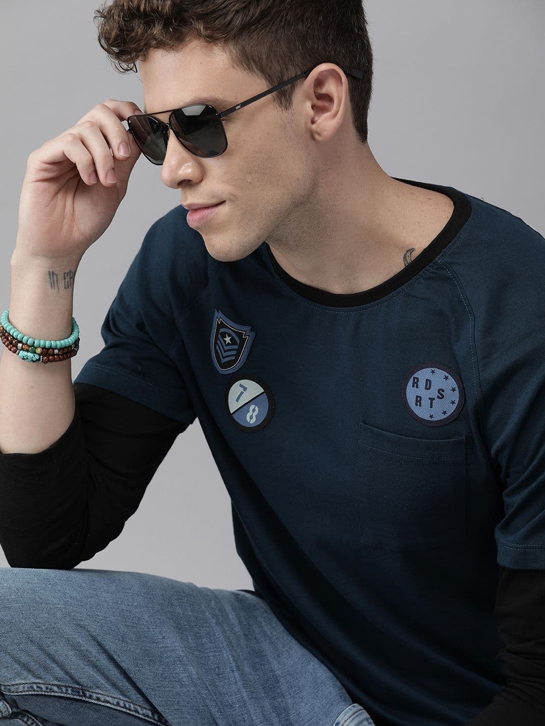 Roadster Men Teal Blue Solid Round Neck T-shirt With Applique Detail - view 1