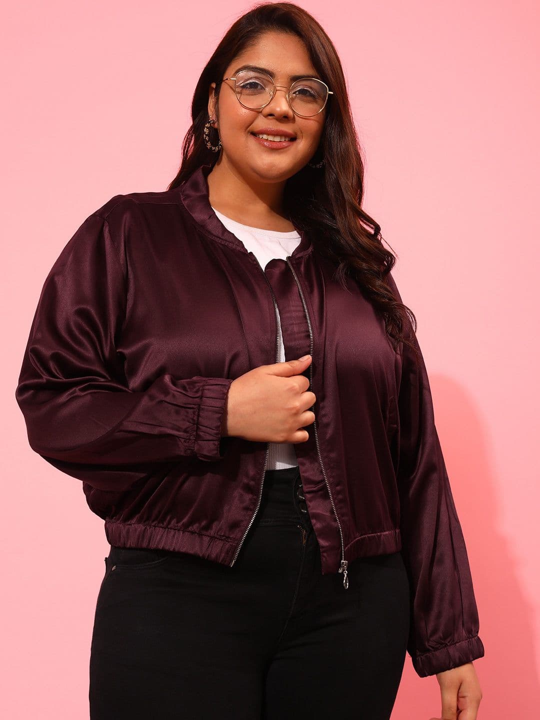 CURVY STREET Plus Size Stand Collar Bomber Jacket - view 1
