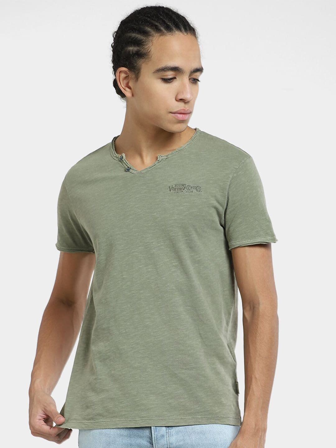 Jack & Jones Henley Neck Raw Edge Cotton Slim Fit T-shirt - view 1