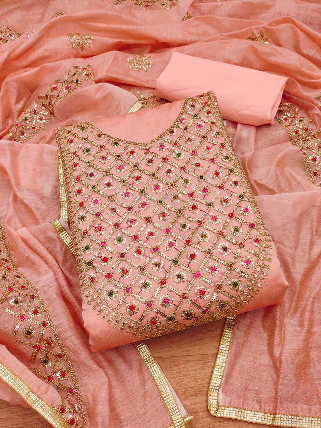 KALINI Embroidered Sequinned Art Silk Unstitched Dress Material - view 1