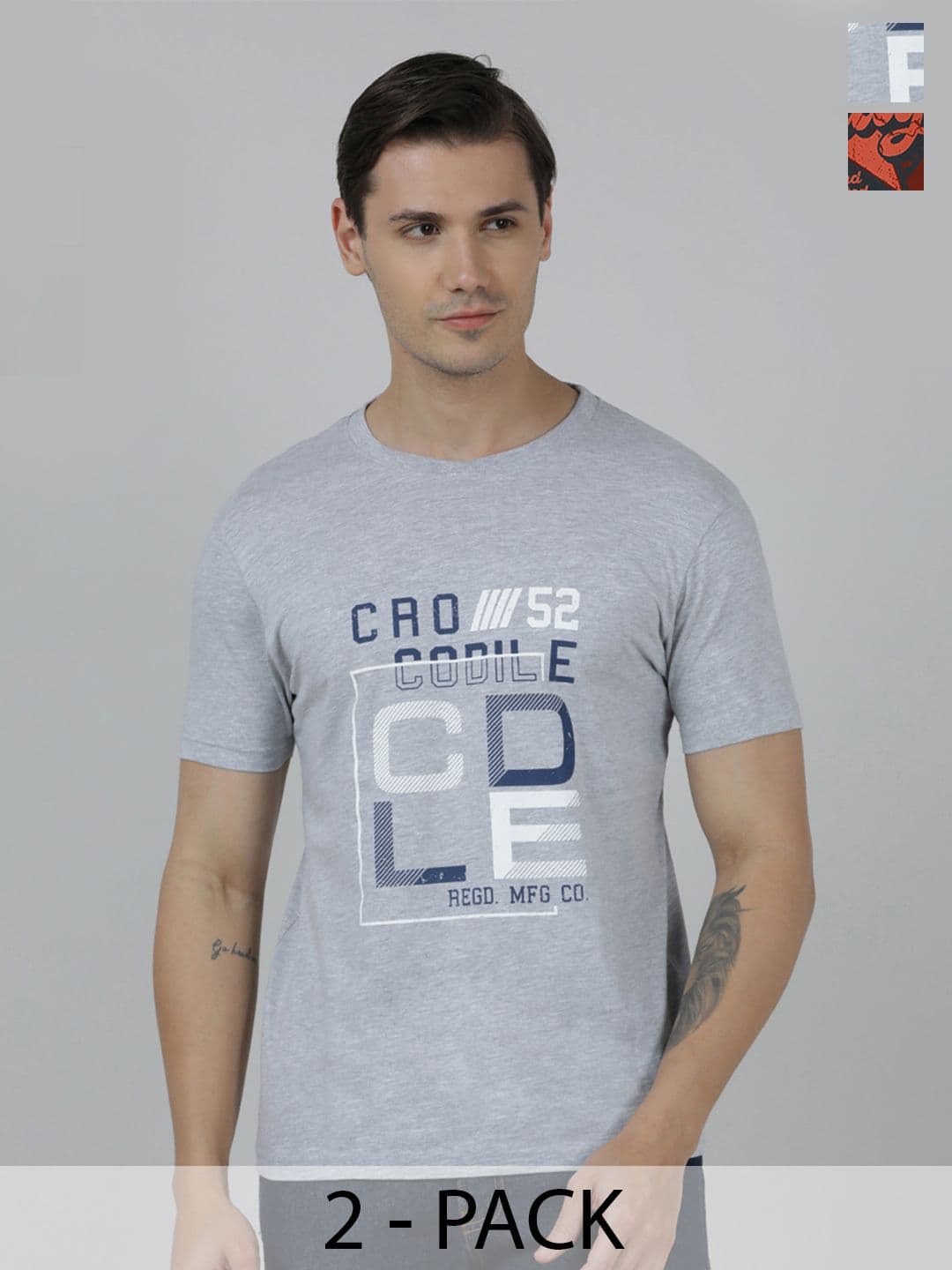 Crocodile Pack Of 2 Typography Printed Slim Fit Cotton T-shirt - view 1