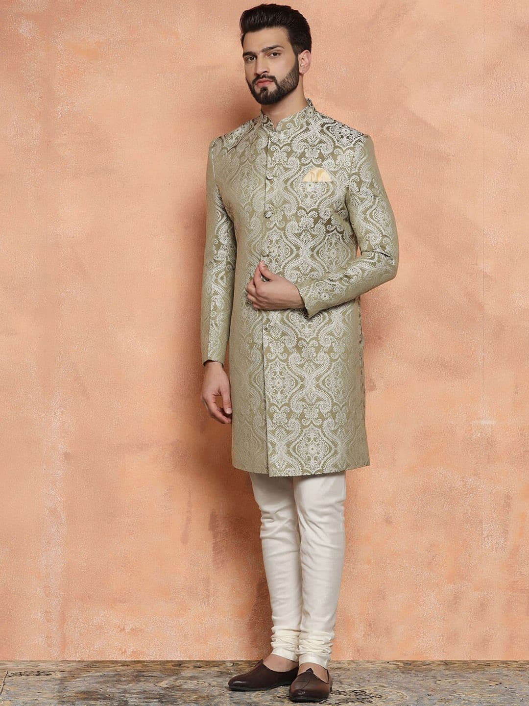 KISAH Men Woven Design Straight Indowestern Sherwani Set - view 1