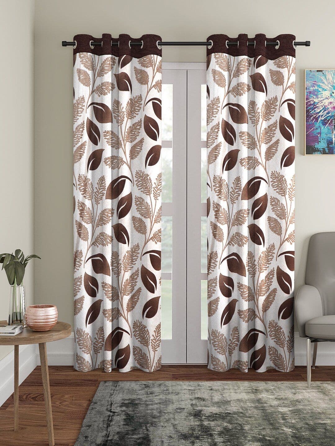 Cortina White & Brown 2 Pcs Floral Printed Door Curtains - view 1