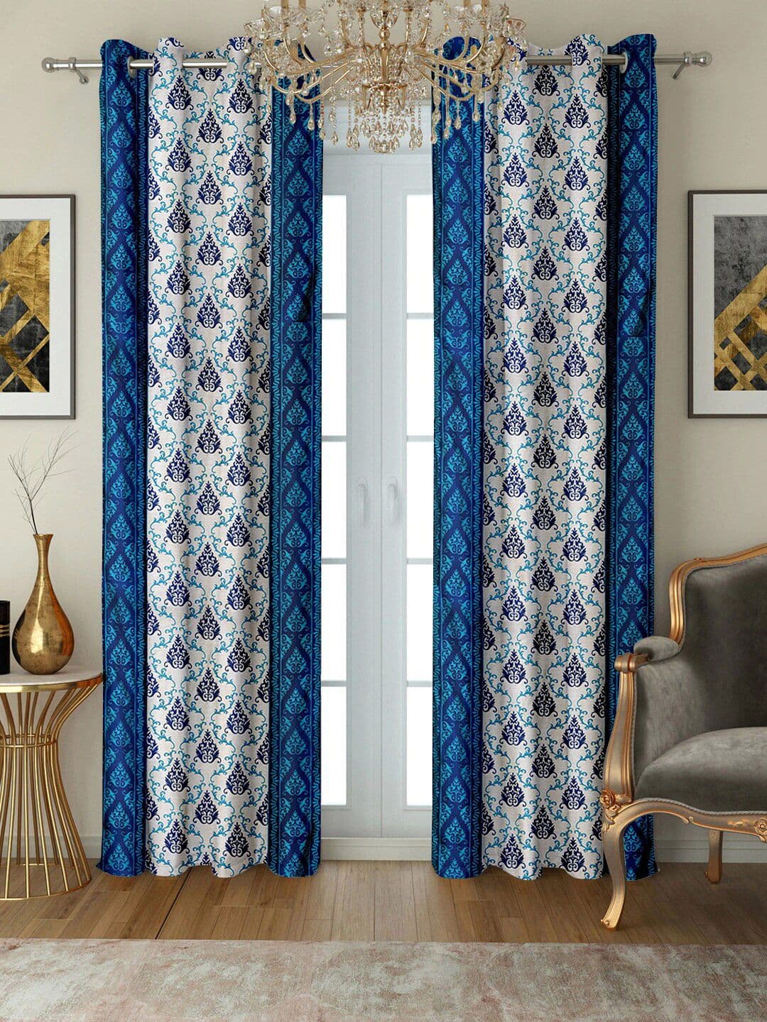 Cortina Navy Blue & White 2 Pcs Floral Long Door Curtains - view 1