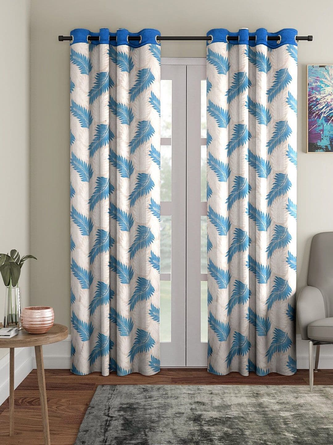 Cortina Cream-Coloured & Blue 2 Pcs Floral Long Door Curtains - view 1