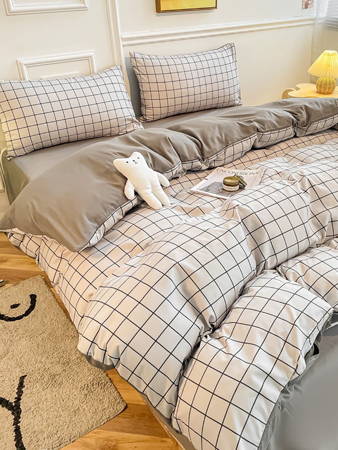 JC HOME Grey & White Checked Double King Bedding Set - view 1