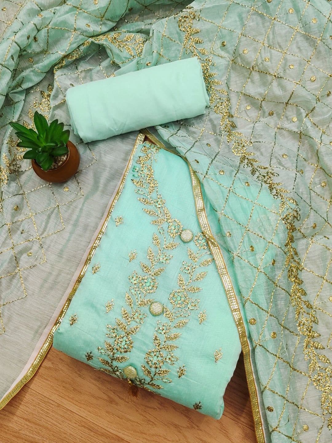KALINI Embroidered Zari Art Silk Unstitched Dress Material - view 1