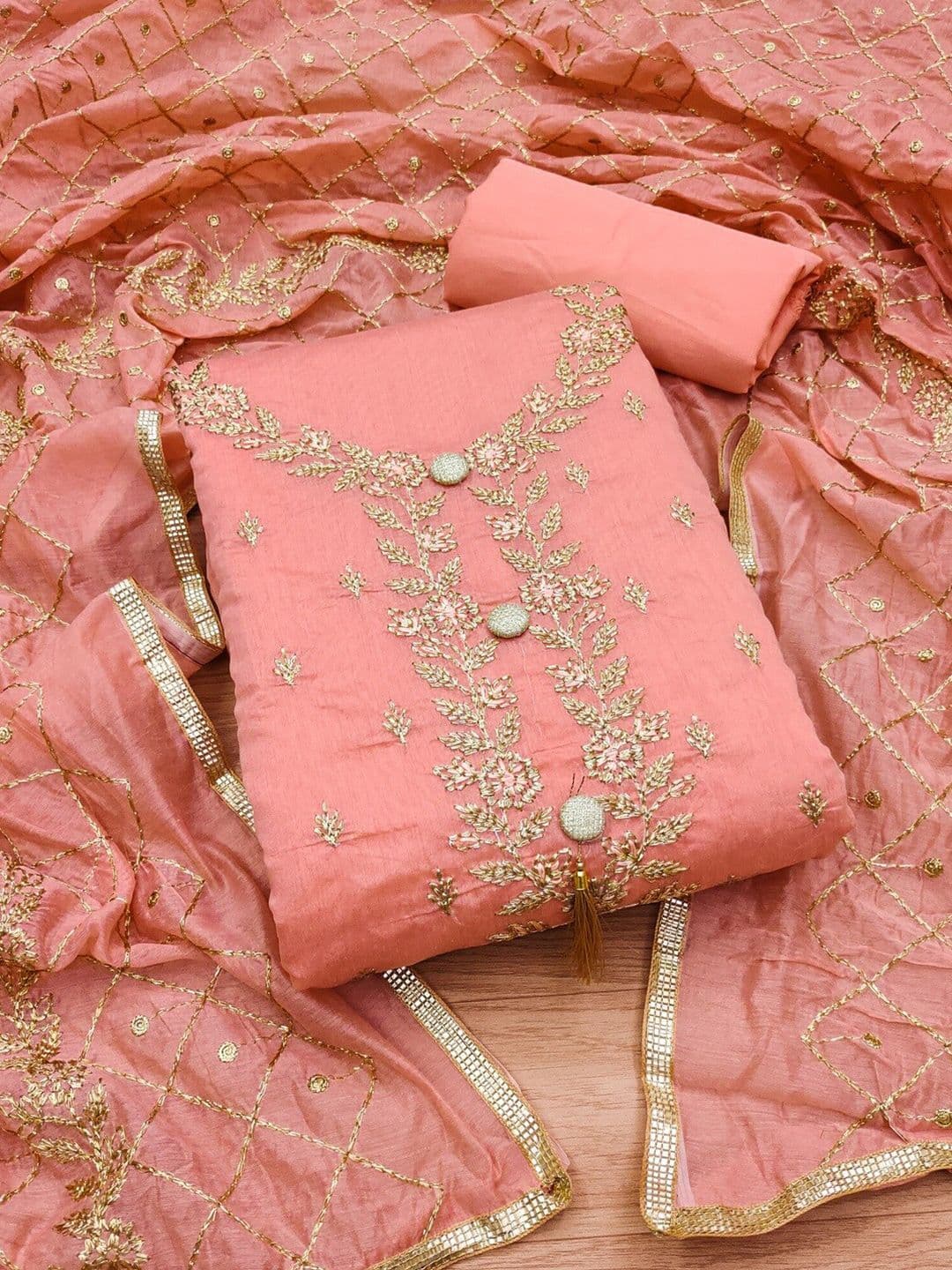 KALINI Embroidered Art Silk Unstitched Dress Material - view 1