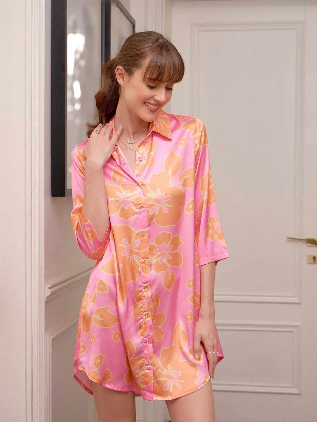 SASSAFRAS alt-laze Floral Printed Satin Shirt Dress - view 1