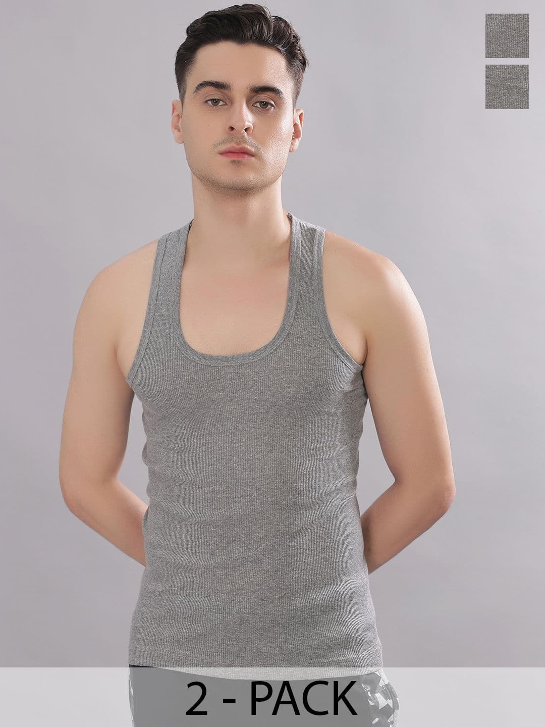 Dollar Bigboss Men Solid Pack of 2 Grey Cotton Stretch Rib Regular Fit Casual Vest - view 1