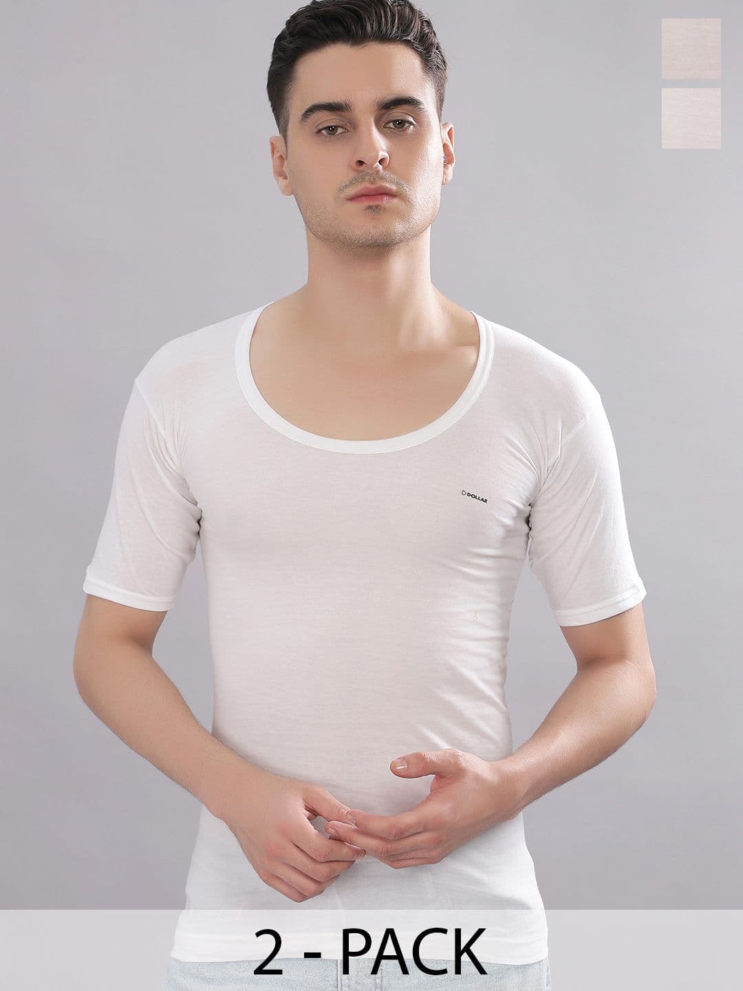 Dollar Bigboss Men Solid Pack of 2 White Combed Cotton Shrinkless Round Neck Casual Vest - view 1