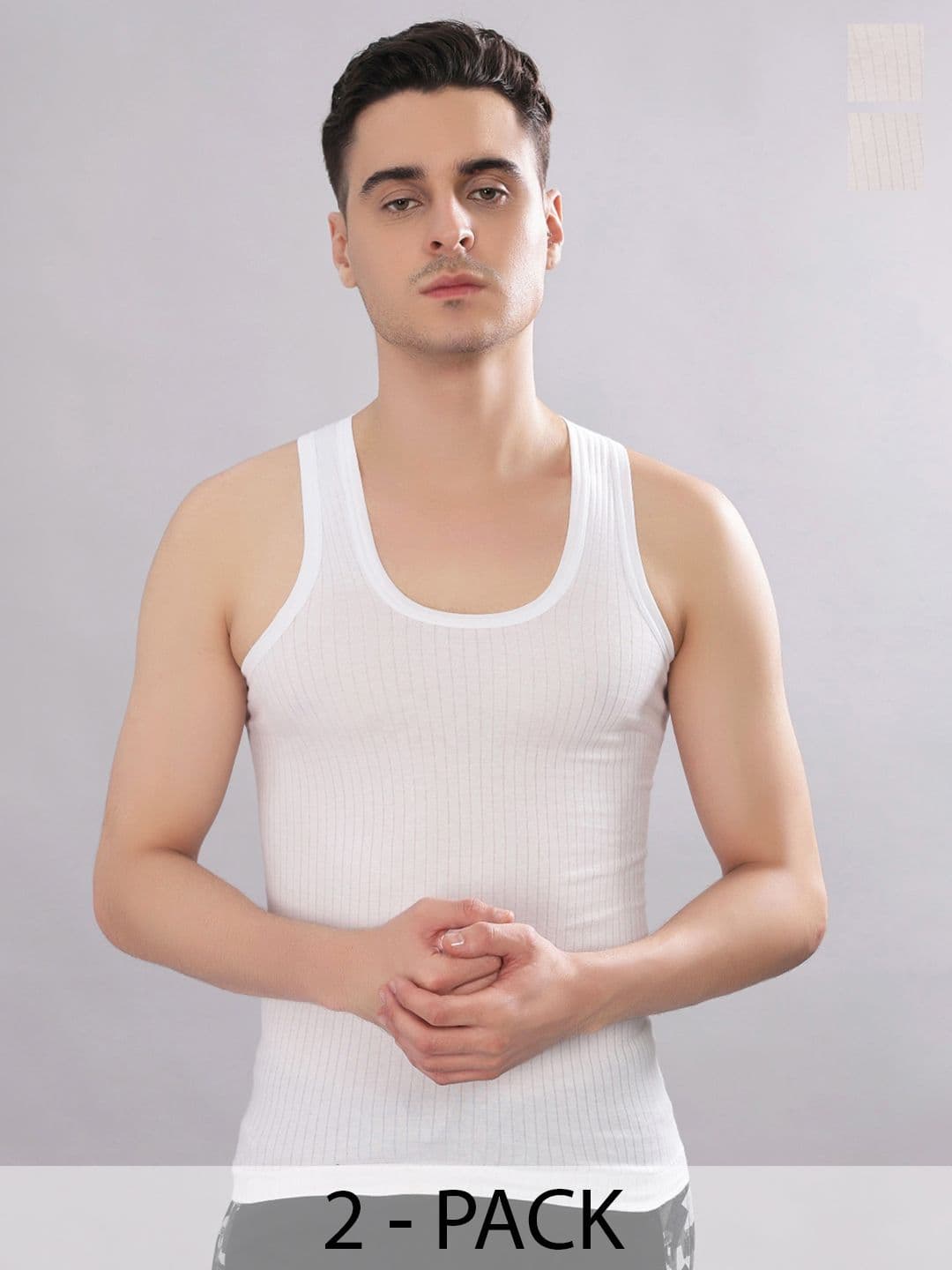 Dollar Bigboss Men Solid Pack of 2 White Cotton Magic Rib Regular Fit Casual Vest - view 1