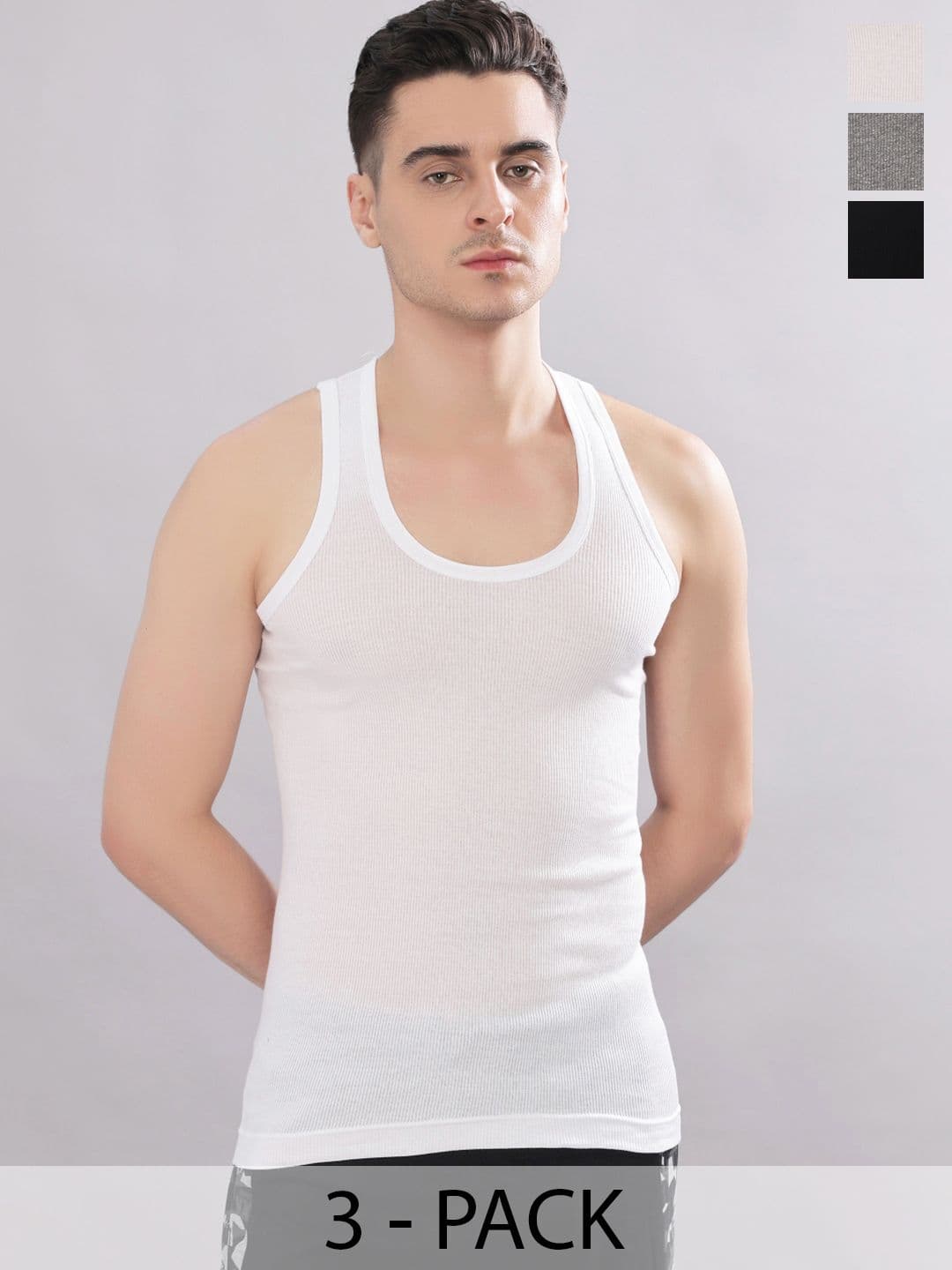 Dollar Bigboss Men Solid Pack of 3 Cotton Stretch Rib Regular Fit Casual Vest - view 1