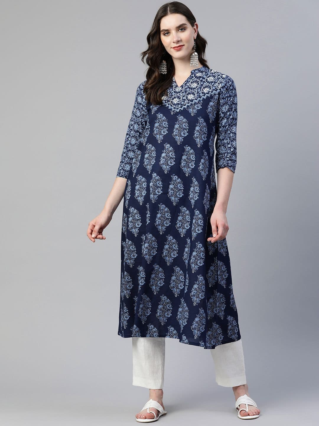 Vbuyz Embroidered Kantha Work Indigo Pure Cotton Kurta - view 1