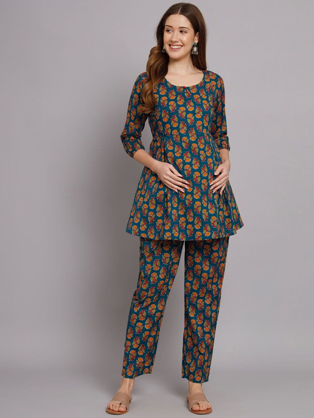 Vastralay Printed Pure Cotton Maternity Feeding Top With Trouser - view 1