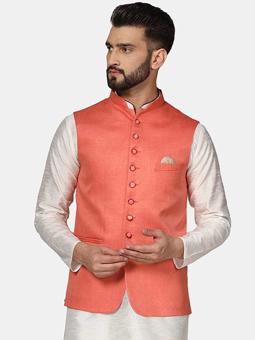 TAHVO Mandarin Collar Woven Nehru Jacket - view 1