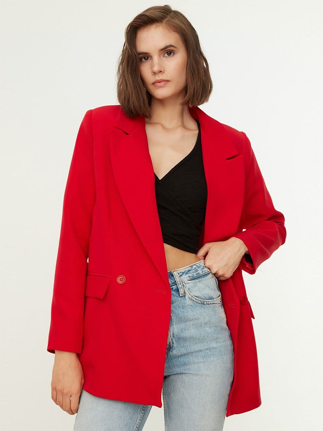 Trendyol Notched Lapel Collar Long Sleeves Double Breasted Cheery Red Blazer - view 1