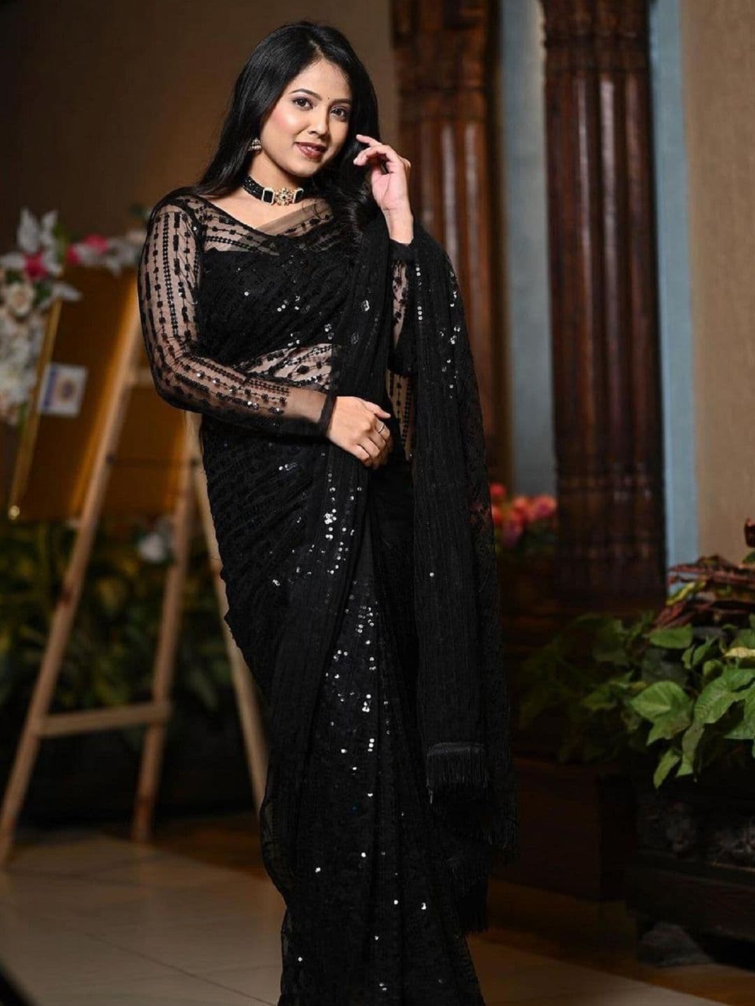 Mitera Sequinned Embellished Net Saree - view 1