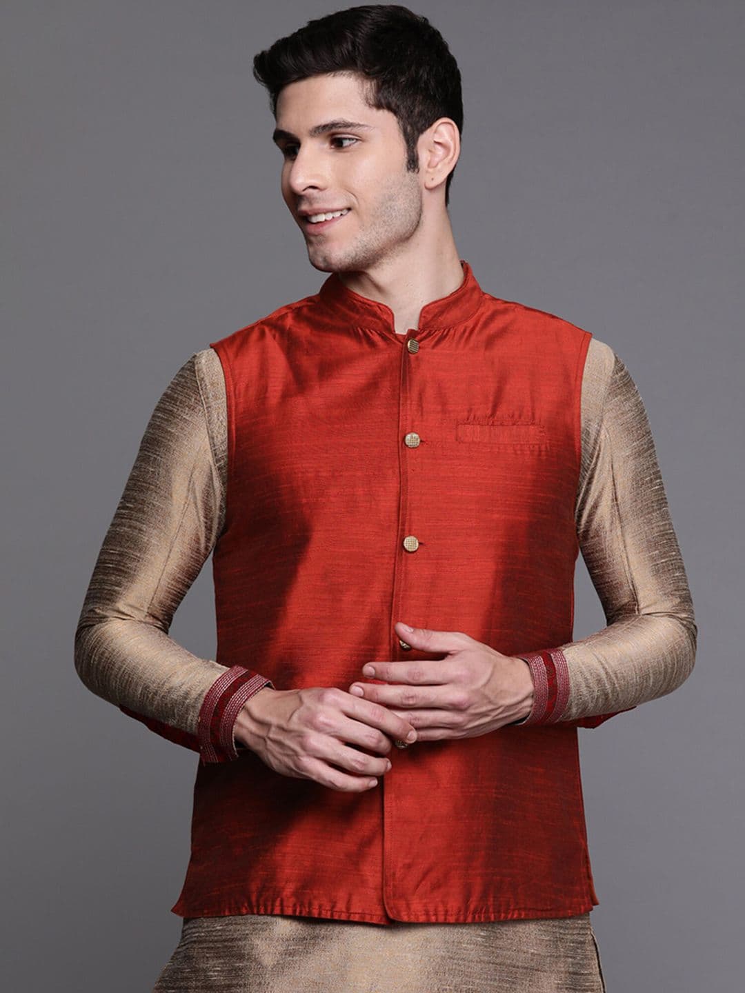 Indo Era Mandarin Collar Woven Nehru Jackets - view 1