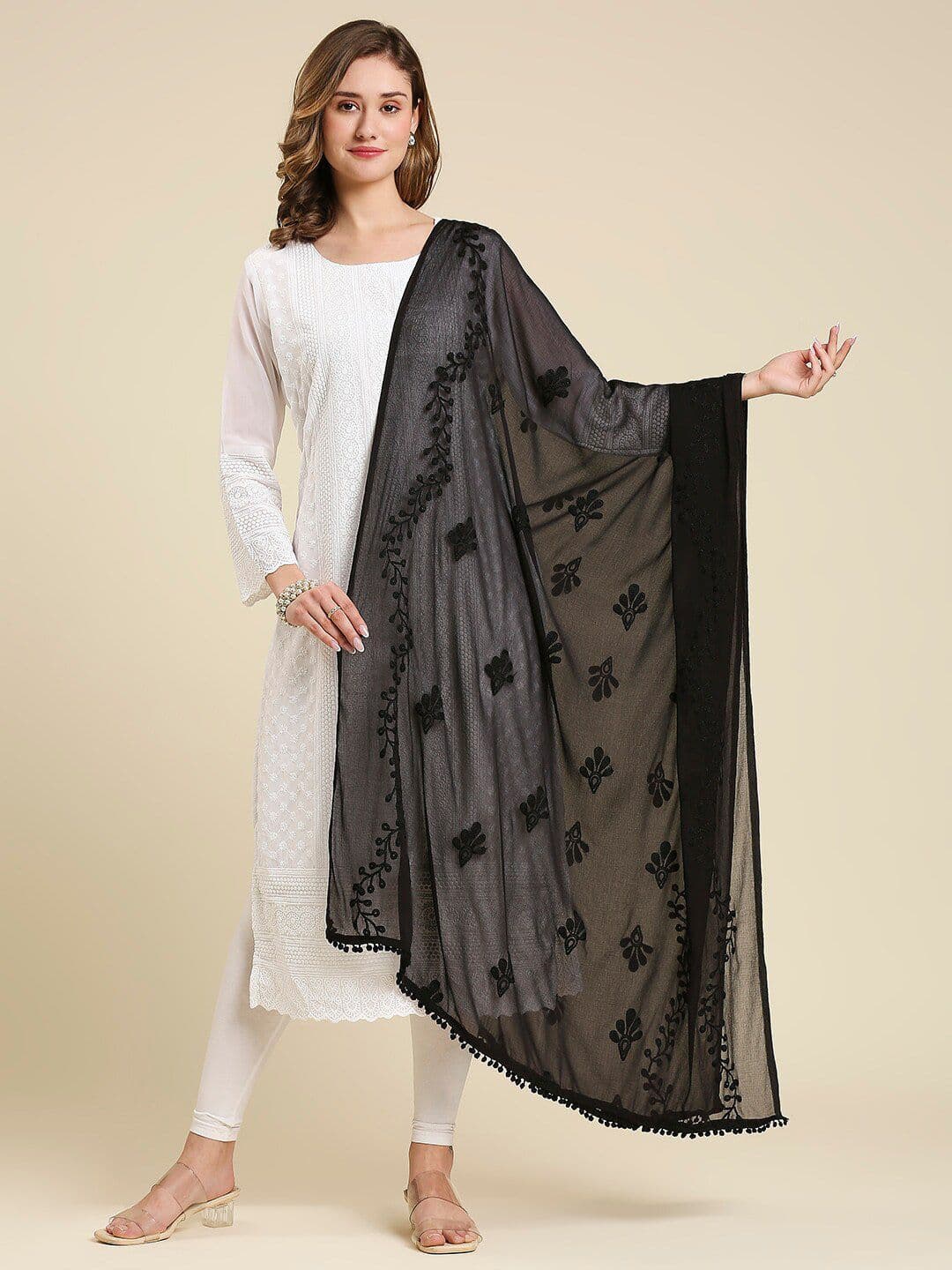 Dupatta Bazaar Embroidered Chiffon Dupatta With Pom Pom Lace - view 1
