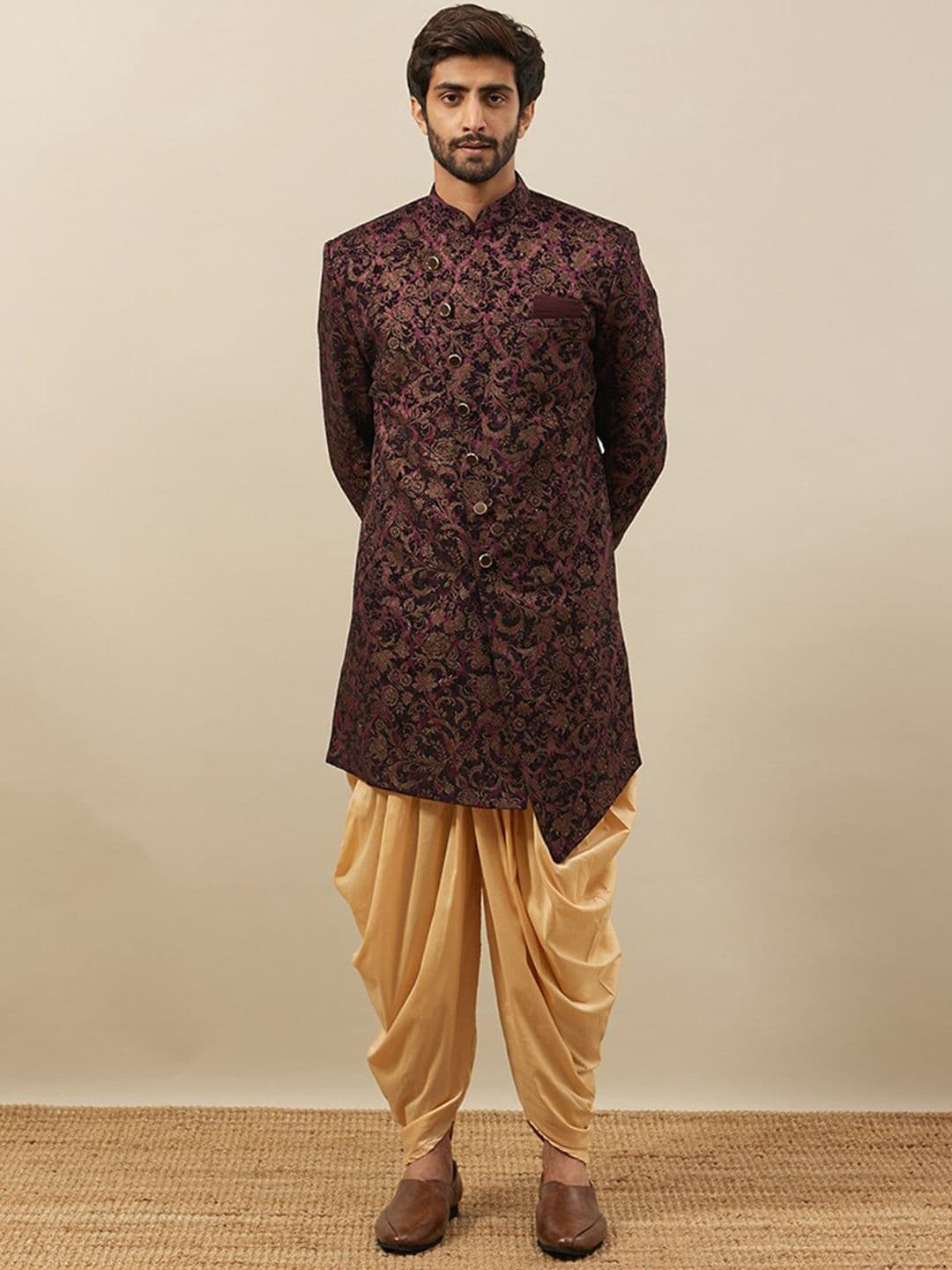 Manyavar Self Design Velvet Sherwani Set - view 1