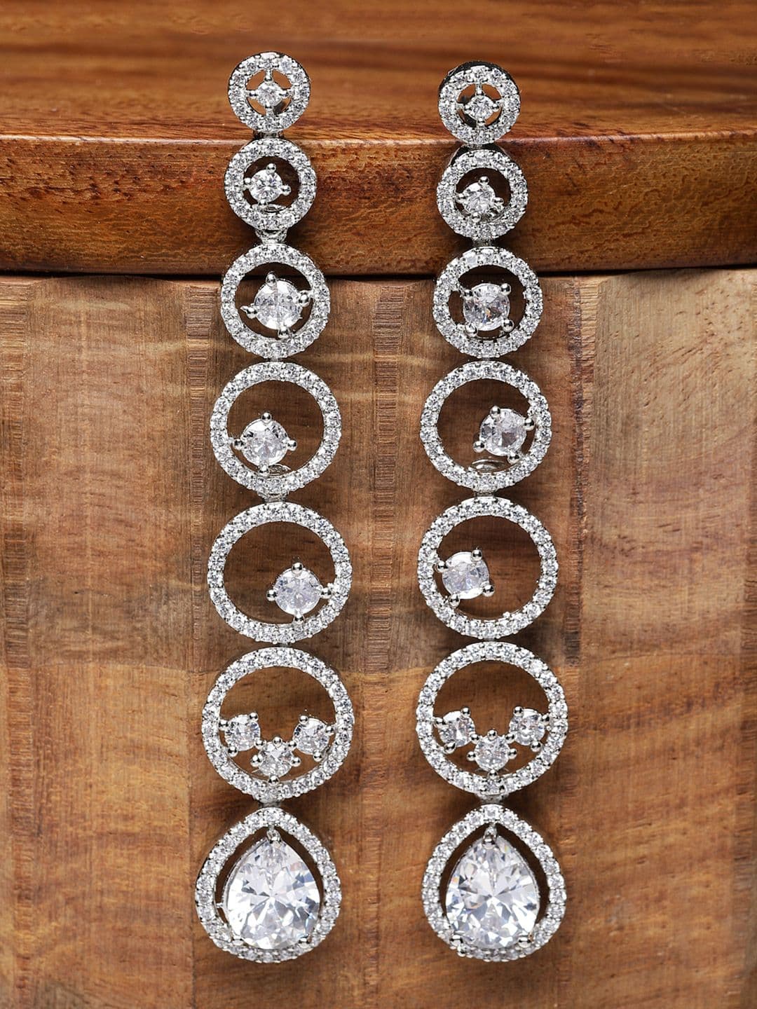 ZENEME Rhodium-Plated American Diamond Studded Circular Shaped Earrings - view 1