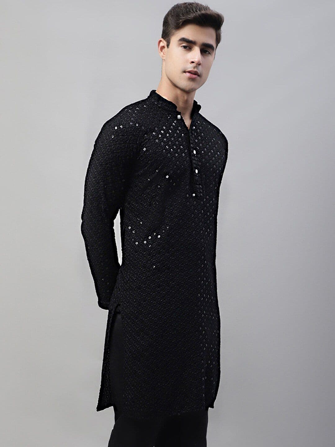 Jompers Floral Embroidered Mandarin Collar Sequinned Pure Cotton Kurta - view 1