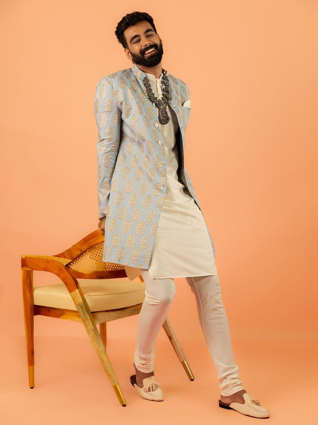 KISAH Men Printed Mandarin Collar Indowestern Sherwani Set - view 1