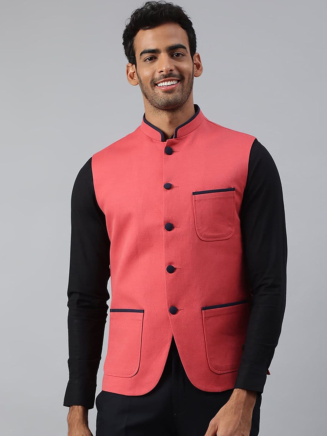 MR BUTTON Contrast Piping Linen Nehru Jacket - view 1