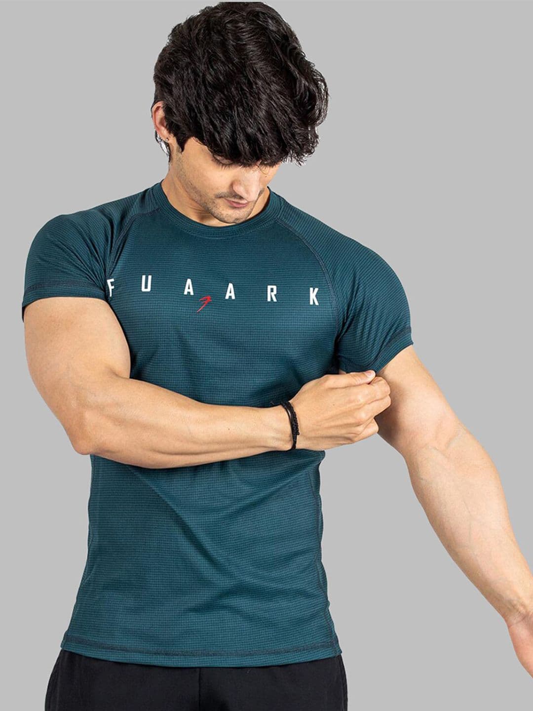 FUAARK Anti Odour Checks Gym Bottle Green Typography Printed Slim Fit T-shirt - view 1