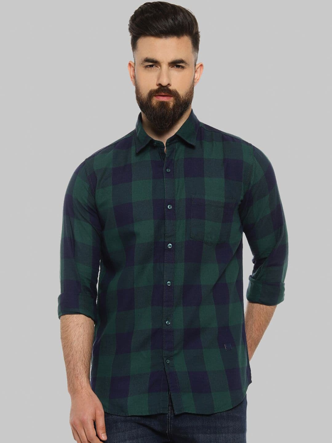 CAHOOT Green Classic Fit Tartan Checks Cotton Casual Shirt - view 1
