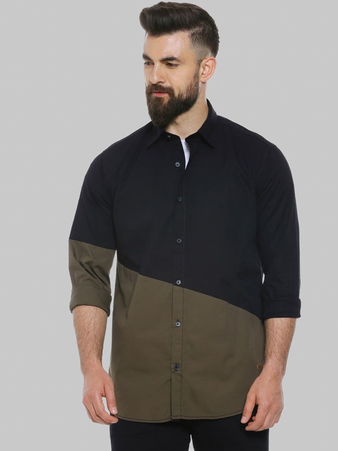 CAHOOT Black & Olive Colourblocked Classic Fit Cotton Casual Shirt - view 1