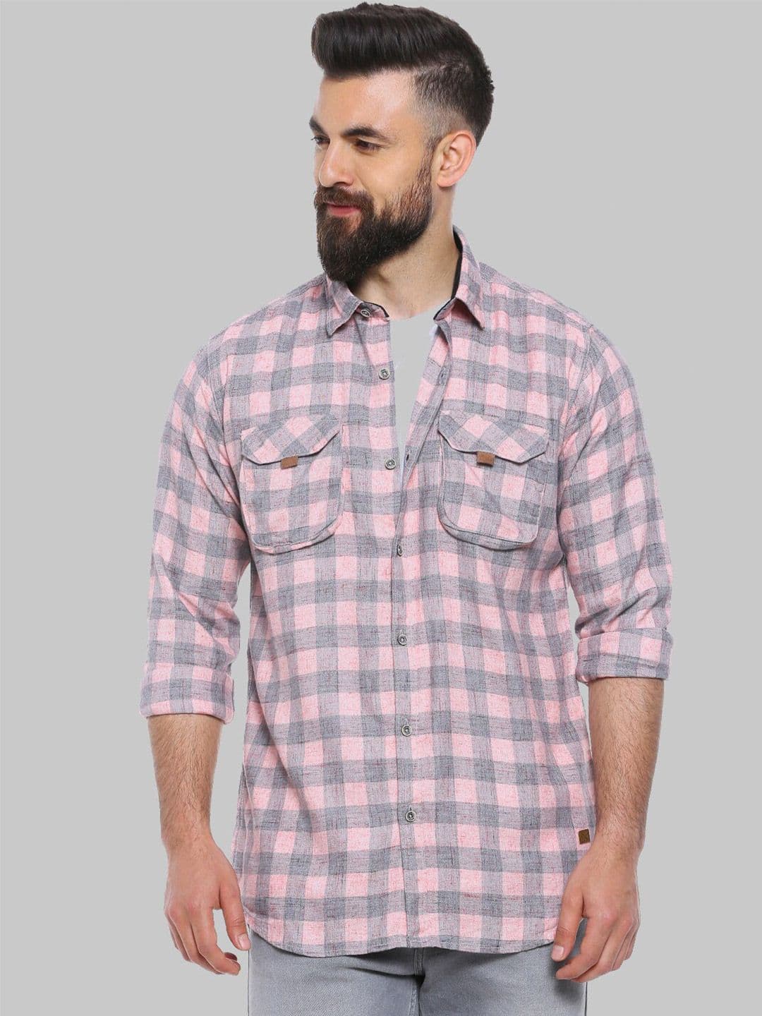 CAHOOT Pink & Charcoal Checked Classic Fit Cotton Casual Shirt - view 1