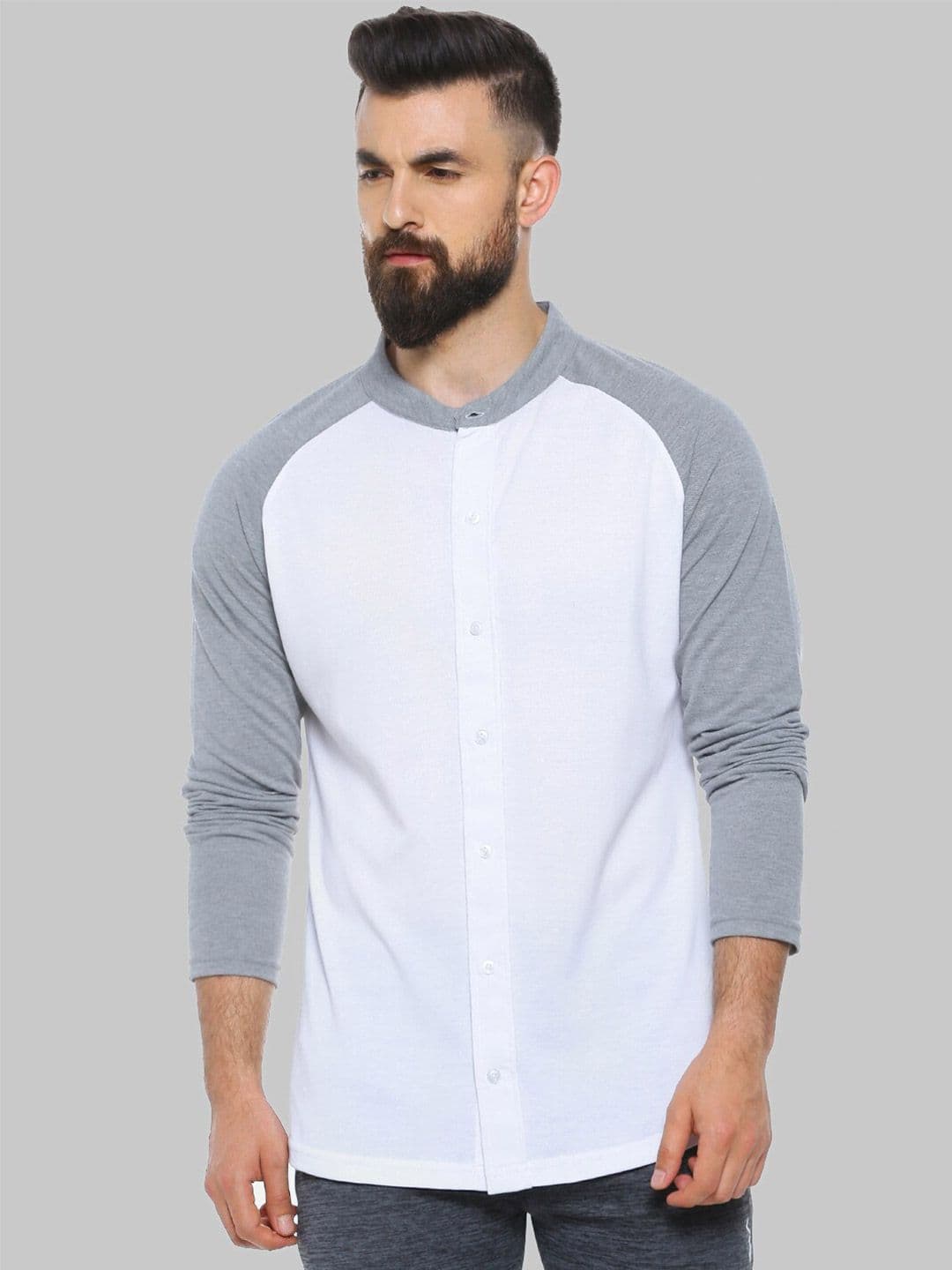 CAHOOT White & Grey Henley Neck Classic Fit Cotton Casual Shirt - view 1