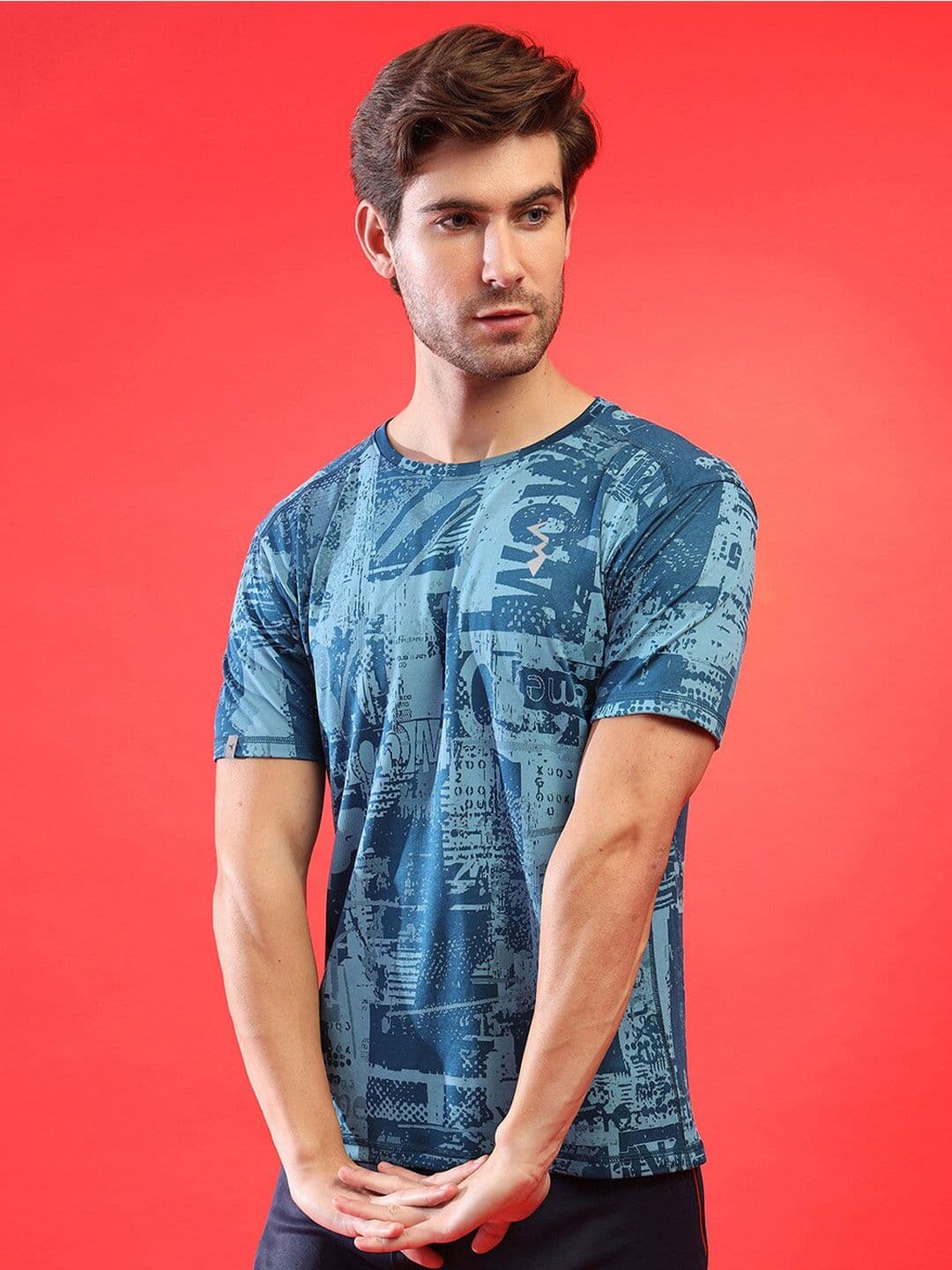 CAHOOT Teal Abstract Printed Dry-Fit Training T-shirt - view 1