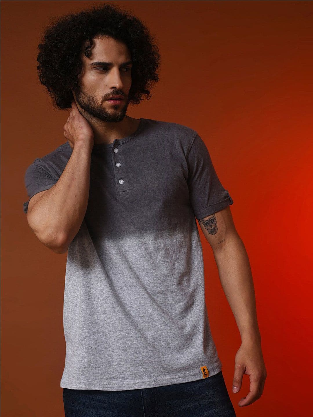 CAHOOT Charcoal Colourblocked Henley Neck Casual Cotton T-shirt - view 1