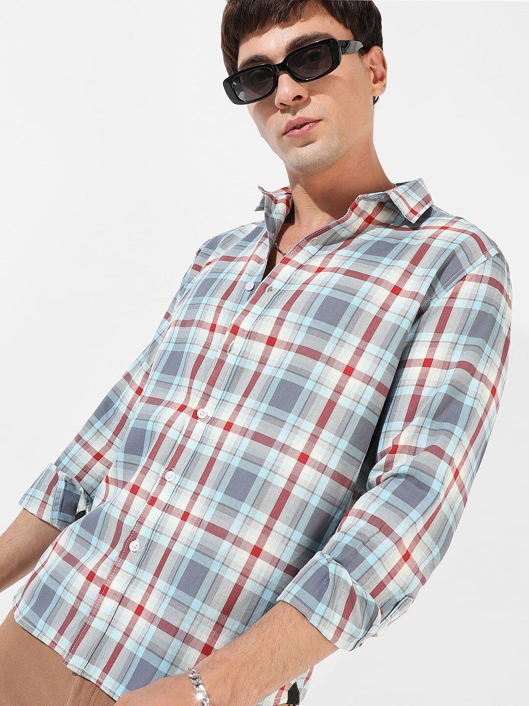 CAHOOT Grey & Red Checked Classic Fit Cotton Casual Shirt - view 1