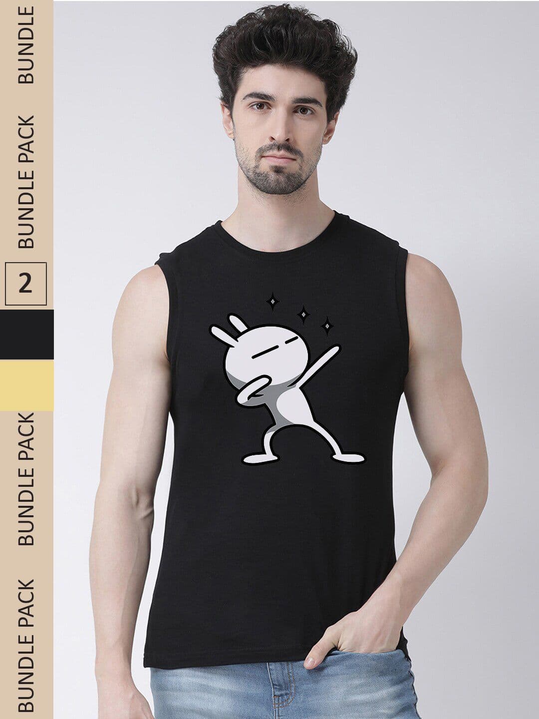 Friskers Pack Of 2 Graphic Printed Sleeveless Slim Fit Pure Cotton T-shirts - view 1