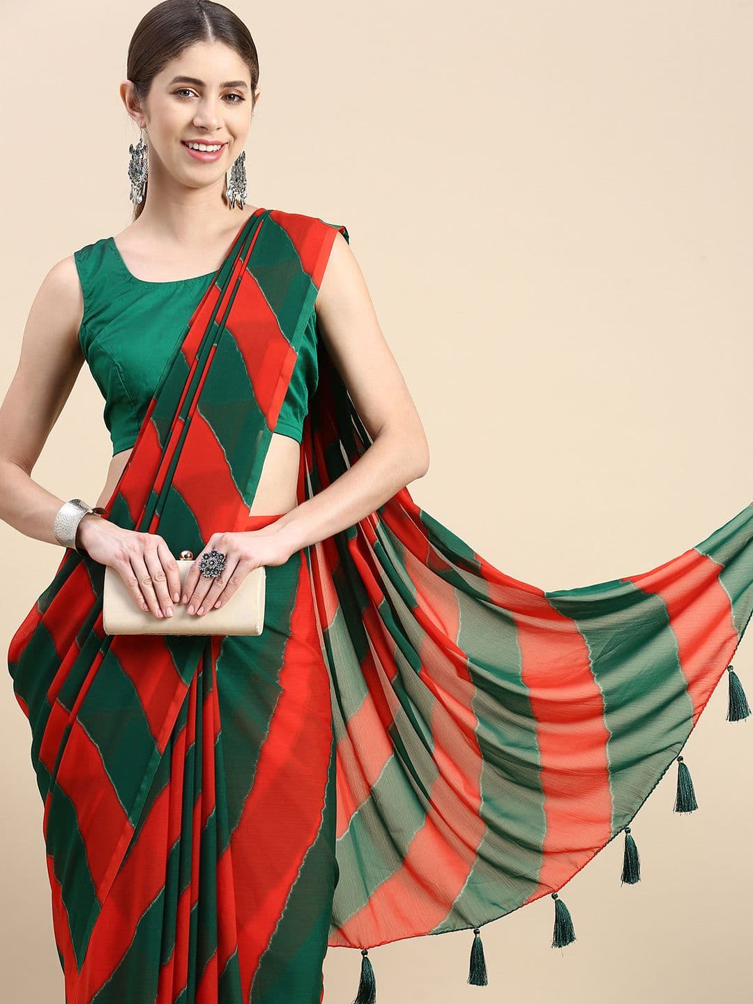 Rani Saahiba Red & Green Leheriya Poly Chiffon Leheriya Saree - view 1
