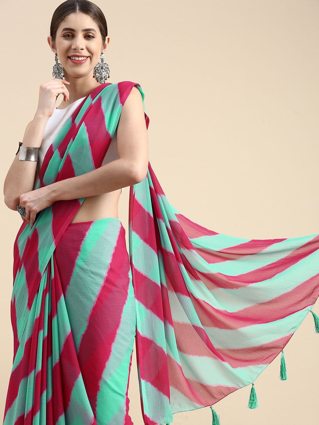 Rani Saahiba Sea Green & Fuchsia Leheriya Poly Chiffon Leheriya Saree - view 1