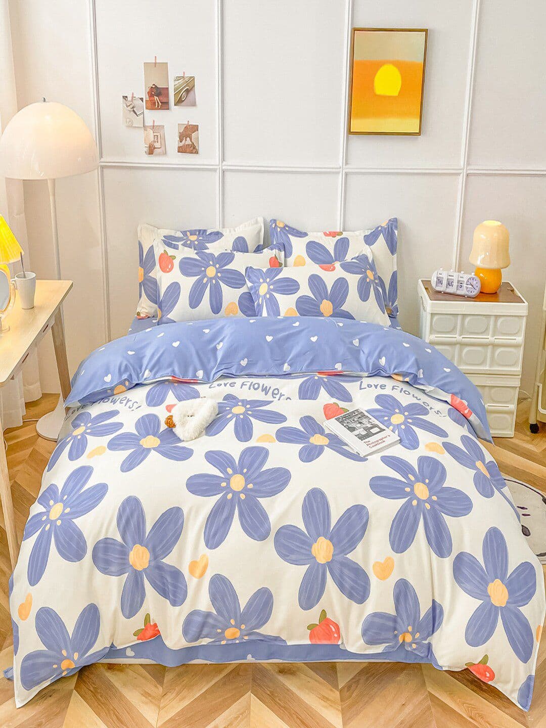 JC HOME White & Blue Floral Printed Double King Bedding Set - view 1