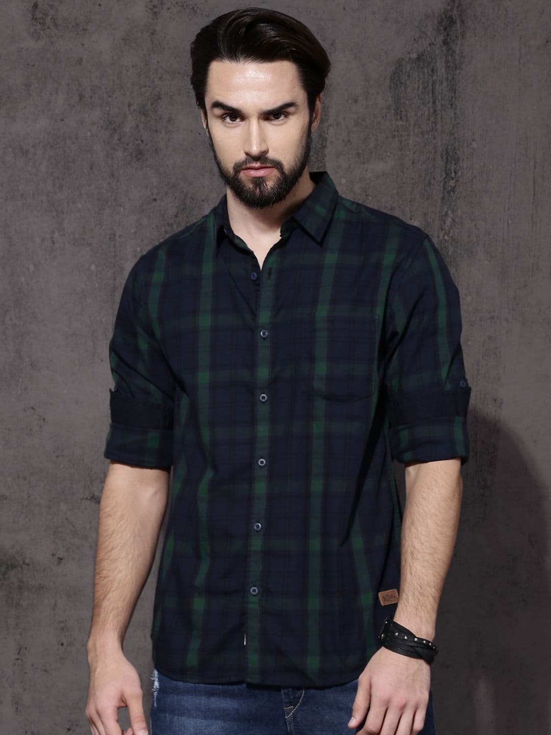 Roadster Men Navy Blue & Green Checked Casual Shirt - view 1