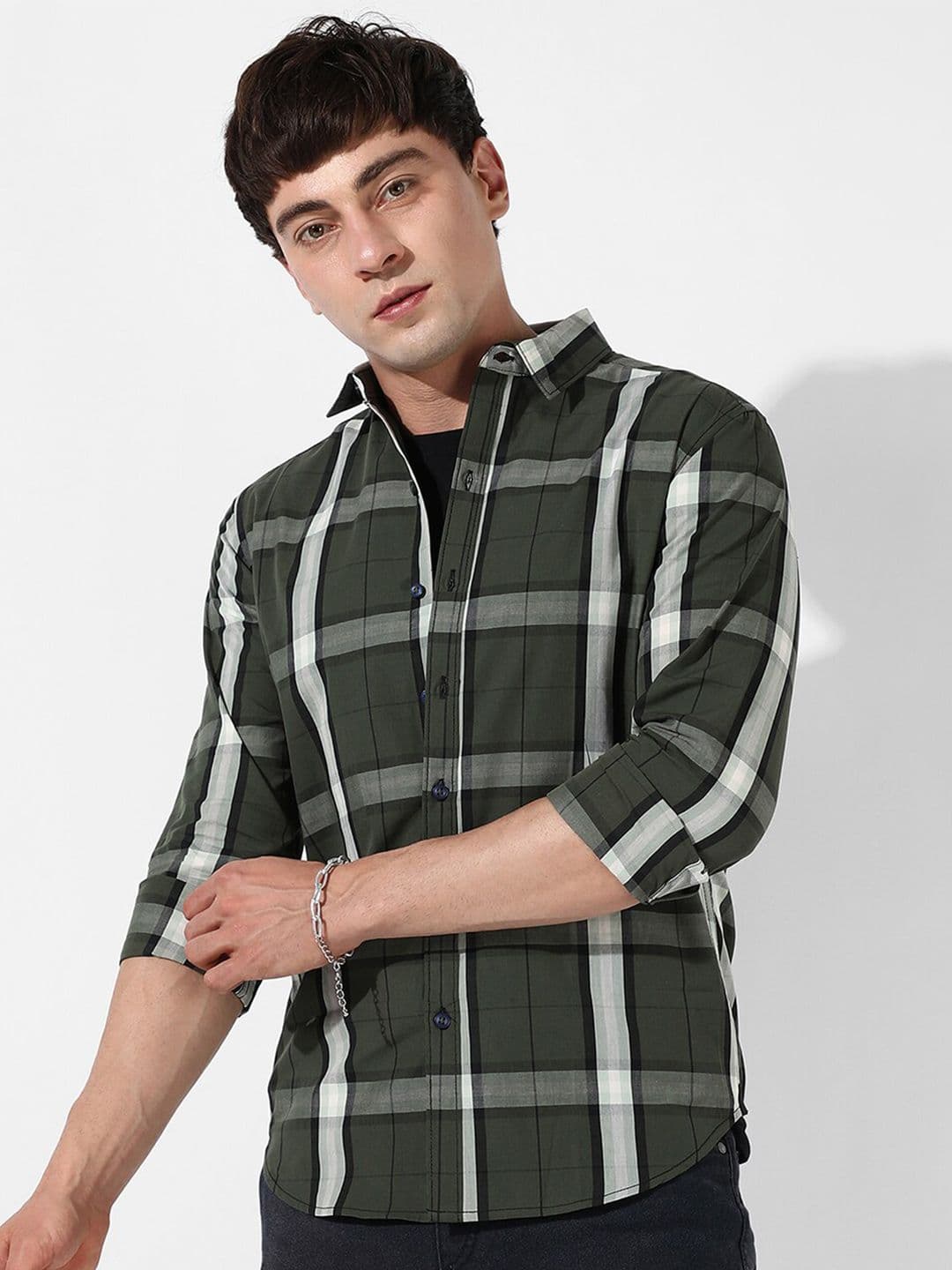 CAHOOT Green Tartan Checked Classic Fit Cotton Casual Shirt - view 1