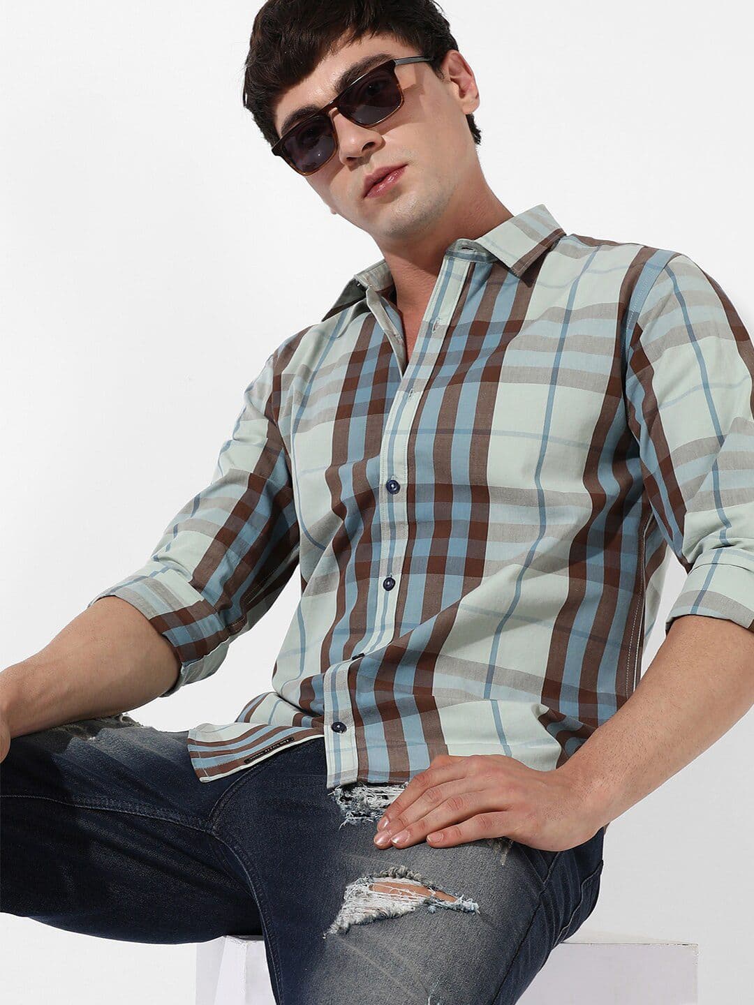 CAHOOT Classic Sage Green Tartan Checks Cotton Casual Shirt - view 1