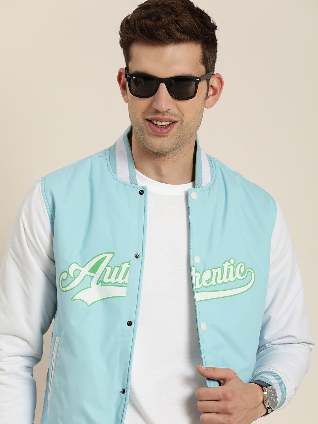 HERE&NOW Typography Printed Mandarin Collar Varsity Jacket - view 1