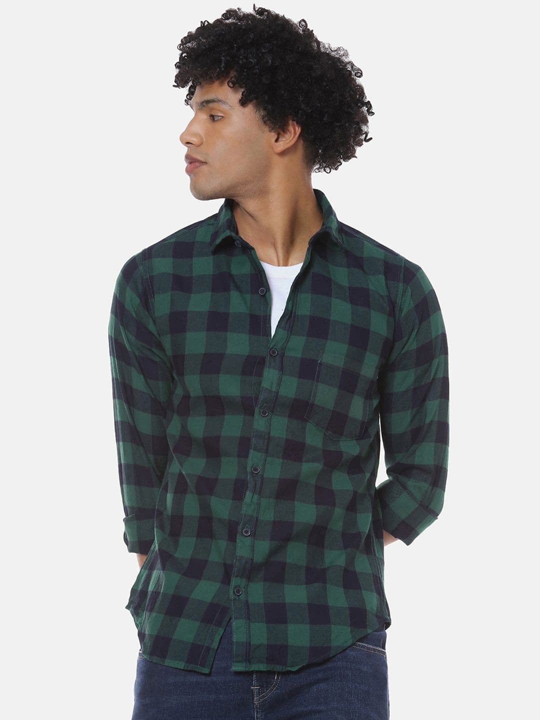 CAHOOT Green Checked Classic Spread Collar Cotton Casual Shirt - view 1