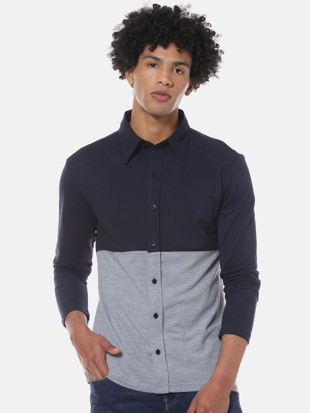CAHOOT Navy Blue Colourblocked Classic Spread Collar Cotton Casual Shirt - view 1
